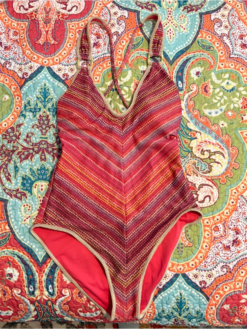BECCA Multicolor Pink chevron stripe One-Piece Swimwear with Gold Trim